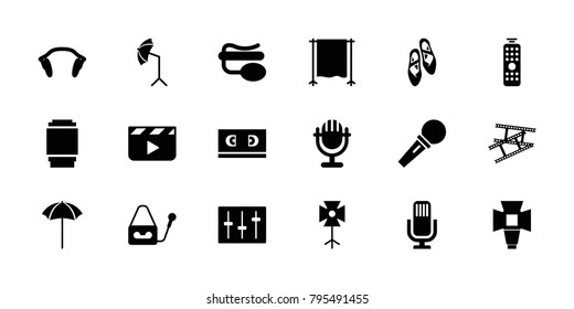 Studio icons. set of 18 editable filled studio icons: clapper board, pin microphone, microphone, sliders, earphones, soft box, camera tape, camera lense, remote control