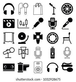 Studio icons. set of 25 editable filled and outline studio icons such as microphone, film tape, pin microphone, earphones, soft box, camera shutter, camera tape, chair