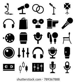 Studio icons. set of 25 editable filled studio icons such as shopping bag, adjust, gramophone, control panel, microphone, sliders, earphones, camera tape, soft box