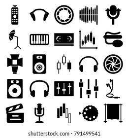 Studio icons. set of 25 editable filled studio icons such as speaker, film tape, control panel, movie clapper, pin microphone, sliders, microphone, piano, equalizer, earphones