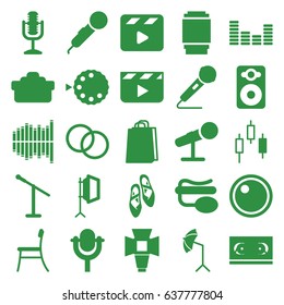 Studio icons set. set of 25 studio filled icons such as shopping bag, movie clapper, pin microphone, speaker, equalizer, microphone, soft box, camera lense, studio umbrella