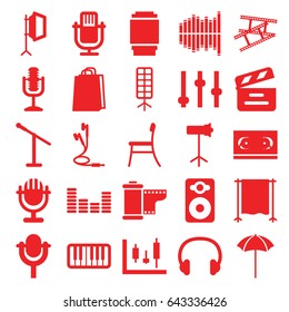 Studio icons set. set of 25 studio filled icons such as shopping bag, movie clapper, speaker, equalizer, microphone, piano, earphones, headset, camera tape, soft box