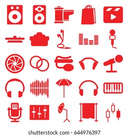 Studio icons set. set of 25 studio filled icons such as shopping bag, movie clapper, microphone, pin microphone, speaker, equalizer, sliders, piano, earphones, camera shutter