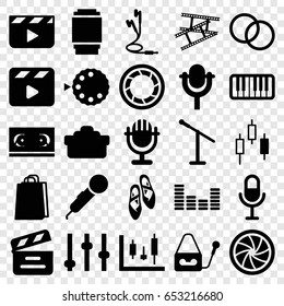 Studio icons set. set of 25 studio filled icons such as shopping bag, movie clapper, microphone, equalizer, piano, earphones, camera shutter, camera lense, ballet shoes
