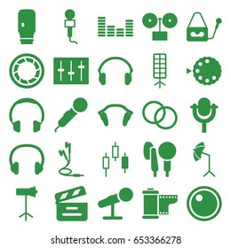 Studio icons set. set of 25 studio filled icons such as movie clapper, microphone, equalizer, sliders, earphones, headset, camera shutter, camera tape, soft box, headphones