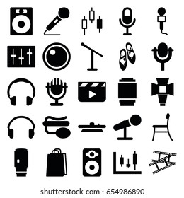 Studio icons set. set of 25 studio filled icons such as shopping bag, microphone, pin microphone, speaker, sliders, earphones, soft box, camera lense, camera tape, chair