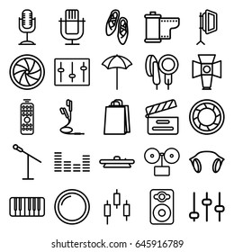 Studio icons set. set of 25 studio outline icons such as shopping bag, movie clapper, speaker, equalizer, sliders, piano, microphone, earphones, soft box, camera shutter