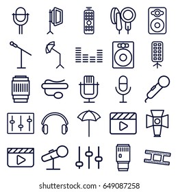 Studio icons set. set of 25 studio outline icons such as movie clapper, microphone, pin microphone, speaker, equalizer, sliders, earphones, soft box, camera tape