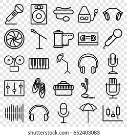 Studio icons set. set of 25 studio outline icons such as microphone, pin microphone, sliders, piano, equalizer, earphones, camera shutter, camera tape, camera lense
