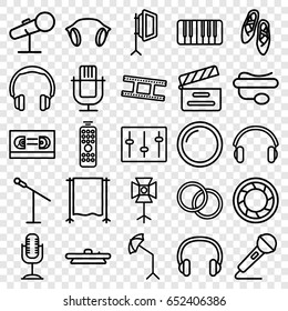 Studio icons set. set of 25 studio outline icons such as movie clapper, pin microphone, sliders, microphone, piano, earphones, headset, camera shutter, camera lense