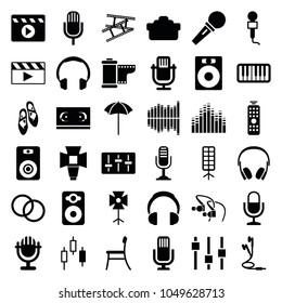 Studio icons. set of 36 editable filled studio icons such as speaker, microphone, headphones, film tape, control panel, piano, equalizer, earphones, soft box, camera tape