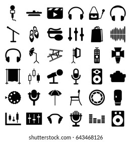 Studio icons set. set of 36 studio filled icons such as shopping bag, microphone, pin microphone, speaker, equalizer, sliders, earphones, headset, soft box, camera shutter