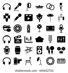 Studio icons set. set of 36 studio filled icons such as movie clapper, microphone, pin microphone, speaker, sliders, piano, earphones, headset, soft box, camera shutter