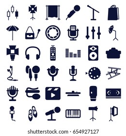 Studio icons set. set of 36 studio filled icons such as shopping bag, movie clapper, microphone, pin microphone, speaker, equalizer, piano, earphones, headset, soft box