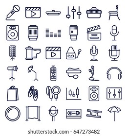 Studio icons set. set of 36 studio outline icons such as shopping bag, movie clapper, microphone, pin microphone, speaker, equalizer, sliders, earphones, camera lense