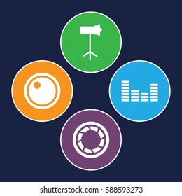 studio icons set. Set of 4 studio filled icons such as equalizer, camera shutter, studio lapm