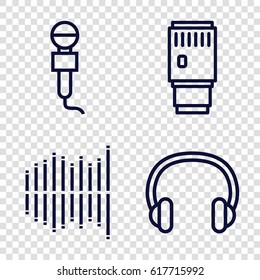 Studio icons set. set of 4 studio outline icons such as microphone, equalizer, headset