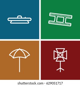 Studio icons set. set of 4 studio outline icons such as camera lense, camera tape, studio umbrella