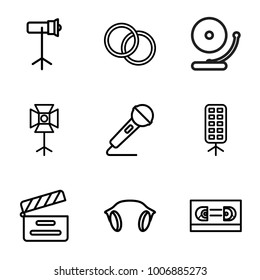 Studio icons. set of 9 editable outline studio icons such as film tape, movie clapper, microphone, earphones, soft box, studio lapm, camera lense