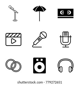 Studio icons. set of 9 editable filled and outline studio icons such as speaker, studio umbrella, microphone, movie clapper, headset, camera lense