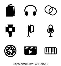 Studio icons set. set of 9 studio filled icons such as shopping bag, microphone, piano, headset, soft box, camera shutter, camera lense