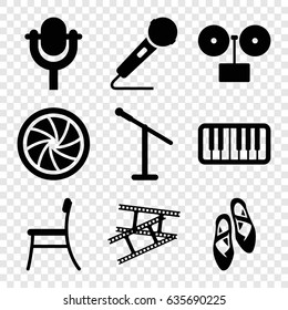 Studio icons set. set of 9 studio filled icons such as microphone, piano, camera shutter, camera tape, chair, ballet shoes