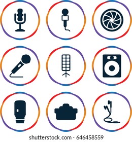 Studio icons set. set of 9 studio filled icons such as microphone, earphones, camera shutter, camera lense, soft box