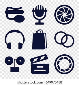 Studio icons set. set of 9 studio filled icons such as shopping bag, movie clapper, pin microphone, camera shutter, camera lense, microphone, headphones