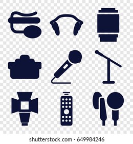 Studio icons set. set of 9 studio filled icons such as pin microphone, microphone, earphones, soft box, camera lense