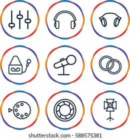 studio icons set. Set of 9 studio outline icons such as microphone, earphones, camera shutter, soft box, camera lense, camera mode