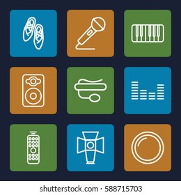 studio icons set. Set of 9 studio outline icons such as pin microphone, speaker, equalizer, microphone, piano, soft box, camera lens, remote control