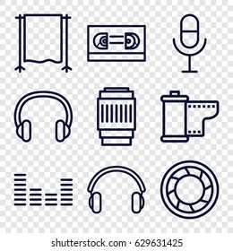Studio icons set. set of 9 studio outline icons such as microphone, equalizer, earphones, headset, camera shutter, camera tape, studio curtain, camera lense