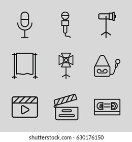 Studio icons set. set of 9 studio outline icons such as movie clapper, microphone, soft box