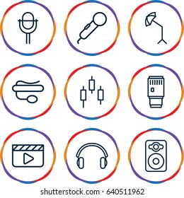 Studio icons set. set of 9 studio outline icons such as pin microphone, speaker, microphone, earphones, studio umbrella, camera lense, control panel