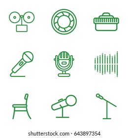 Studio icons set. set of 9 studio outline icons such as microphone, equalizer, camera shutter, camera lense, chair