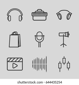 Studio icons set. set of 9 studio outline icons such as shopping bag, movie clapper, microphone, equalizer, earphones, camera lense, studio lapm