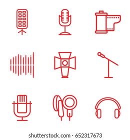 Studio icons set. set of 9 studio outline icons such as microphone, equalizer, earphones, soft box