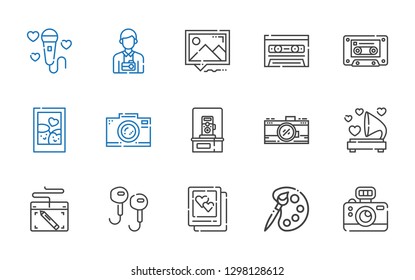 studio icons set. Collection of studio with camera, palette, picture, earphones, graphic tablet, gramophone, photo camera, cassette, photographer. Editable and scalable studio icons.