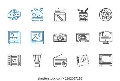 studio icons set. Collection of studio with graphic tablet, picture, radio, drum, wedding video, graphic design, cassette, photo camera, photo. Editable and scalable studio icons.