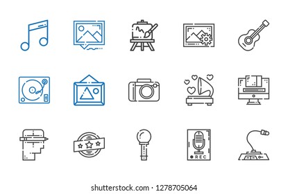 studio icons set. Collection of studio with microphone, recorder, brand, creative, graphic design, gramophone, camera, pictures, turntable. Editable and scalable studio icons.