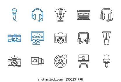 studio icons set. Collection of studio with microphone, canvas, vinyl, picture, photo camera, drum, headphones, camera, cassette. Editable and scalable studio icons.