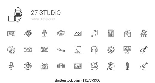 studio icons set. Collection of studio with palette, gramophone, images, picture, photo camera, film, microphone, graphic design, headphones. Editable and scalable studio icons.