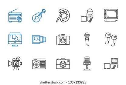 studio icons set. Collection of studio with radio, microphone, camera, earphones, photo camera, picture, graphic design, graphic tablet, palette. Editable and scalable studio icons.