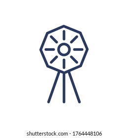 Icono de línea delgada de iluminación de estudio. Luz, trípode, reflexión, símbolo de contorno aislado de paraguas. Fotografía, tecnología, concepto de equipo. Elemento de símbolo de ilustración vectorial para diseño web y aplicaciones