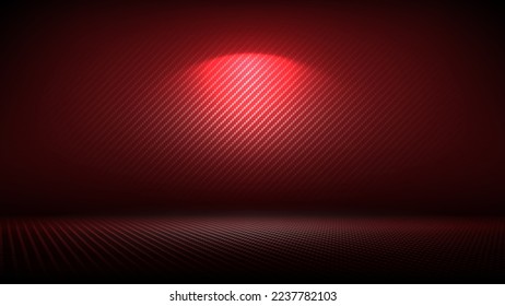 Studio interior with carbon fiber texture. Modern carbon fiber textured red black interior with spotlight light. Background for product placement, mounting. Vector background, mockup, template