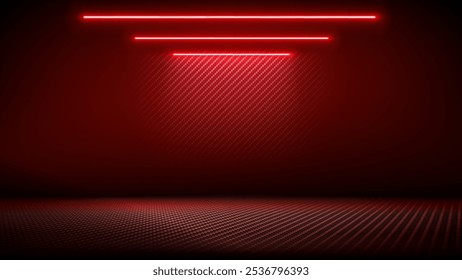 Studio interior with carbon fiber texture. Modern carbon fiber textured red black interior with light. Background for mounting, product placement. Vector background, template, mockup