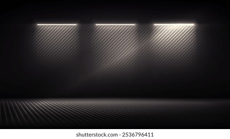 Studio interior with carbon fiber texture. Modern carbon fiber textured pink purple black interior with light. Dark background for mounting, product placement. Vector mockup, background, template