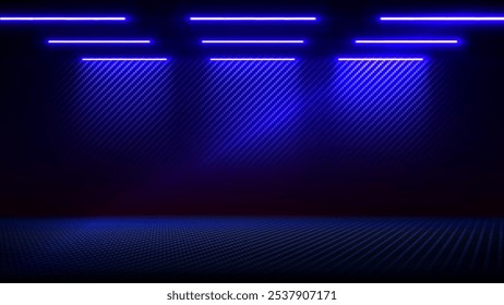 Studio interior with carbon fiber texture. Modern carbon fiber textured blue black interior with light. Background for mounting, product placement. Vector mockup, background, template