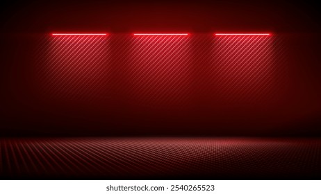 Studio interior with carbon fiber texture. Modern carbon fiber textured red black interior with light. Background for mounting, product placement. Vector background, template, mockup