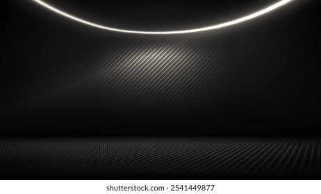 Studio interior with carbon fiber texture. Modern carbon fiber textured black interior with light. Dark background for mounting, product placement. Vector mockup, background, template